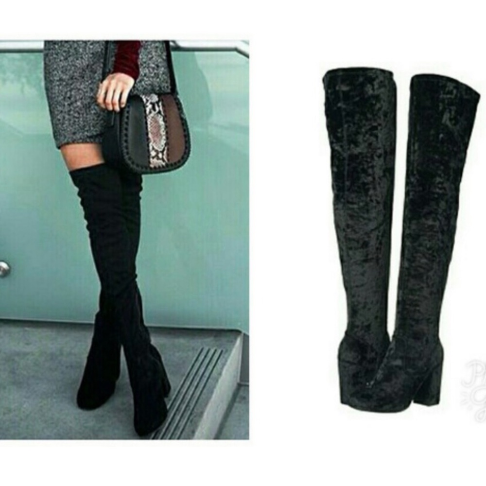 NIB Black Velvet Crush Plush Over The Knee Boots